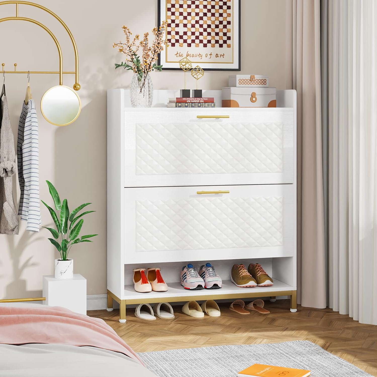 2 Flip Drawers Shoe Cabinet, Modern Freestanding Tipping Bucket Shoes Storage Organizer