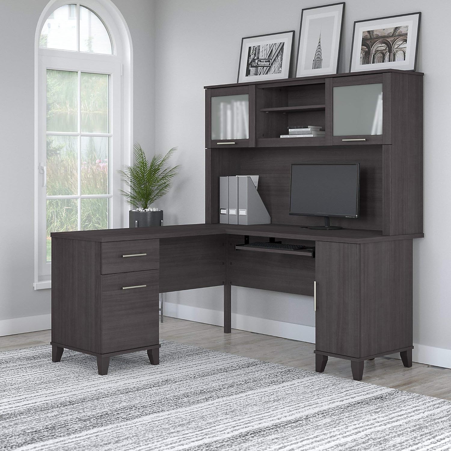 60-Inch W L-Shaped Desk with Hutch, Storm Gray