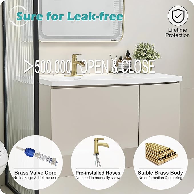 Brushed Gold Sink Faucet Bathroom Brass Waterfall Bathroom Faucet Single Handle, Lavatory Faucets Bathroom, 4 Inch 1 or 3 Hole Bathroom Faucet with Pop-Up Drain & Deck Plate Quick Install