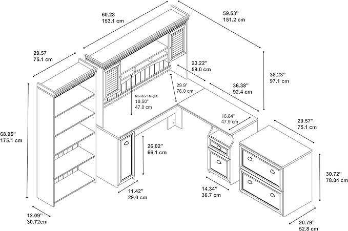L Shaped Desk with Hutch, Lateral File Cabinet and 5 Shelf Bookcase