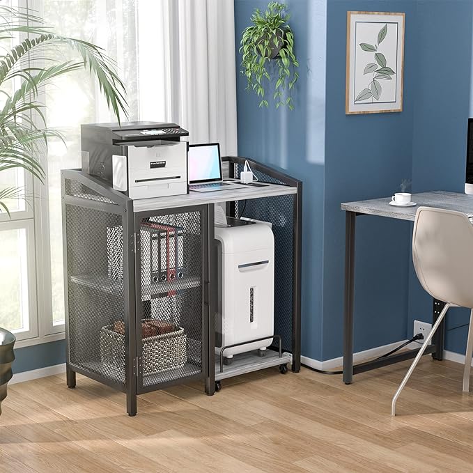 Printer Stand with Storage, Lateral Office Filing Cabinets with Socket and USB Charging Port