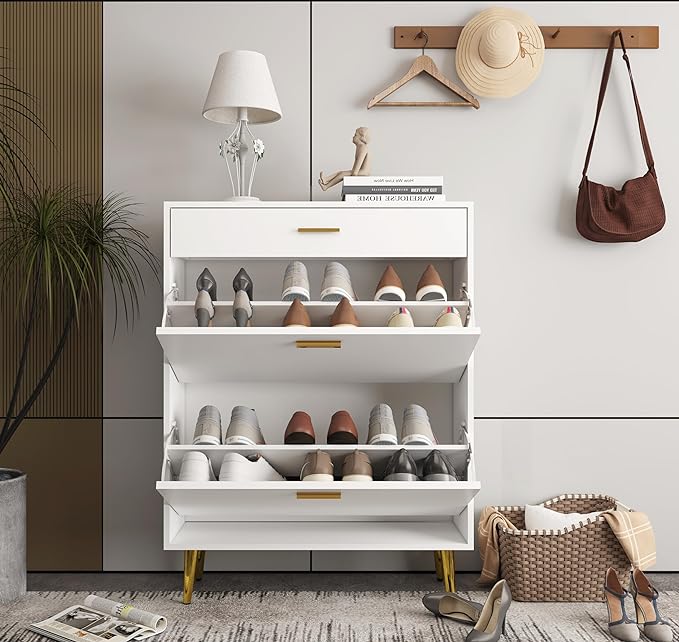 Shoe Cabinet with Metal Legs for Entryway, White Freestanding Storage Rack
