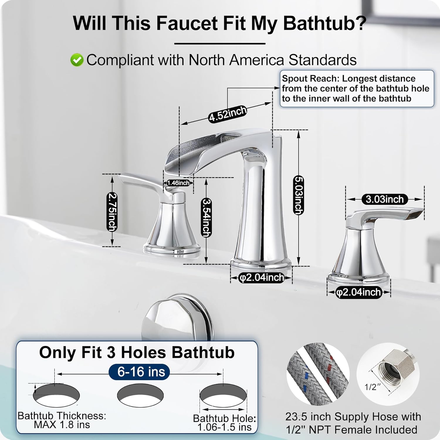 High Flow Waterfall Bathtub Faucet Set, Brass Chrome Roman Tub Faucet, Widespread Bath Tub Faucet Set 3 Hole 8 Inch Deck Mount Bathtub Faucets for Garden Tub with Supply Water Hoses Lifetime Use