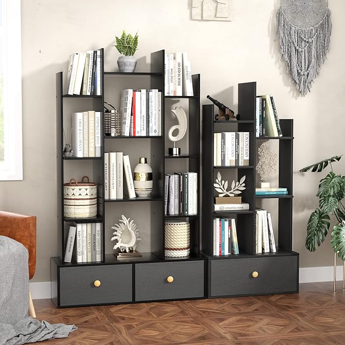 Industrial 7 Open Book Shelves, Display Wood Book Case for Bedroom