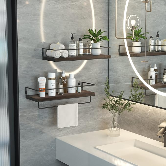 Floating Shelves for Wall Set of 2, Wall Mounted Storage Shelves with Metal Frame and Towel Rack for Bathroom