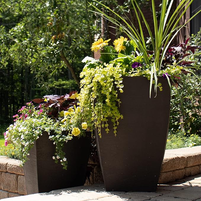 Modern Square Garden Planter, 19-Inches Tall, Black