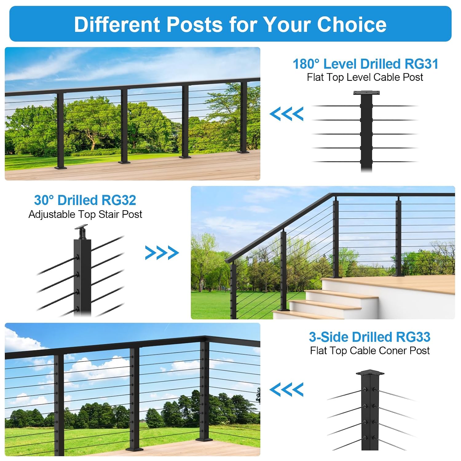 12FT-20FT 36" Cable Railing Post Kits, Flat Top Cable Post System
