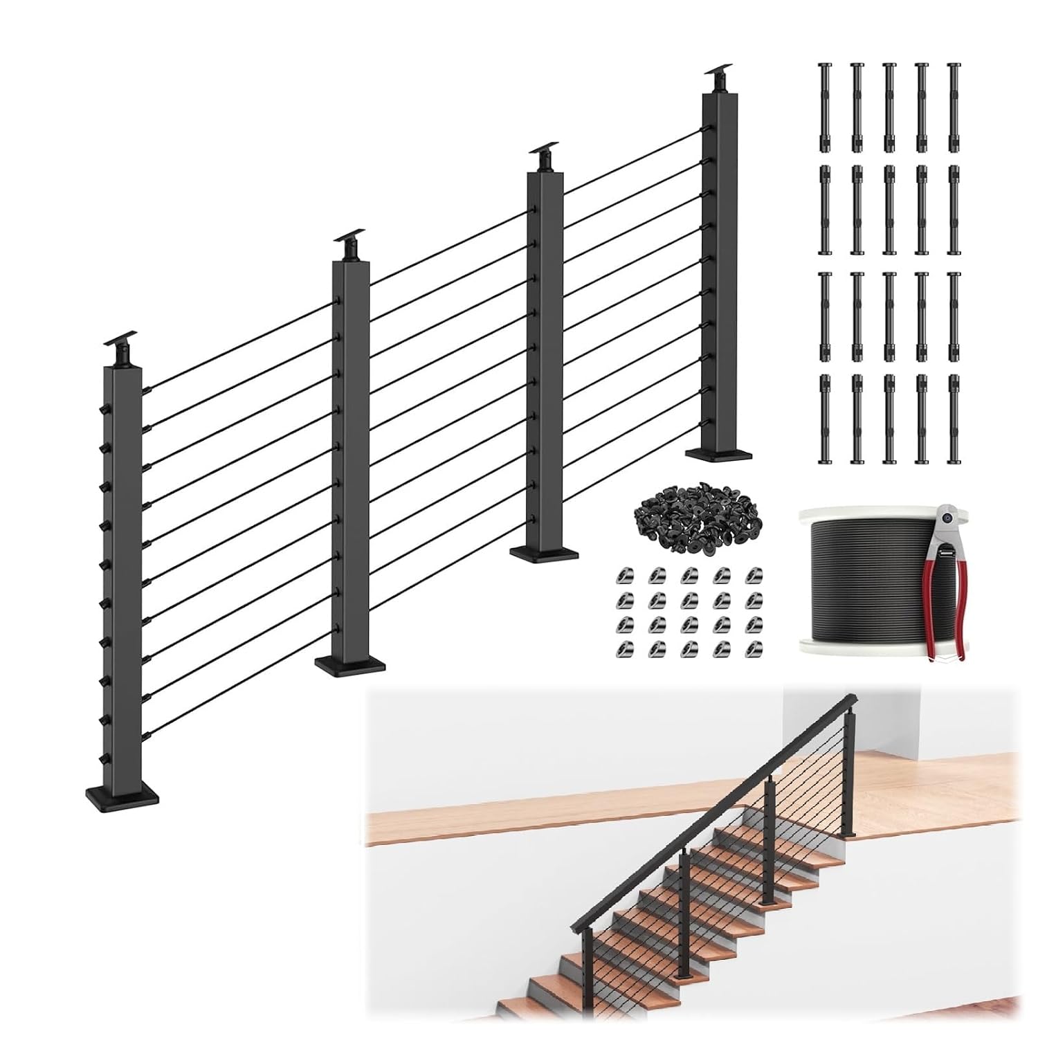 12FT-16FT 36" Stair Railing Post Kits(Post 35"x2"x2"), Adjustable Top Stair Railing System