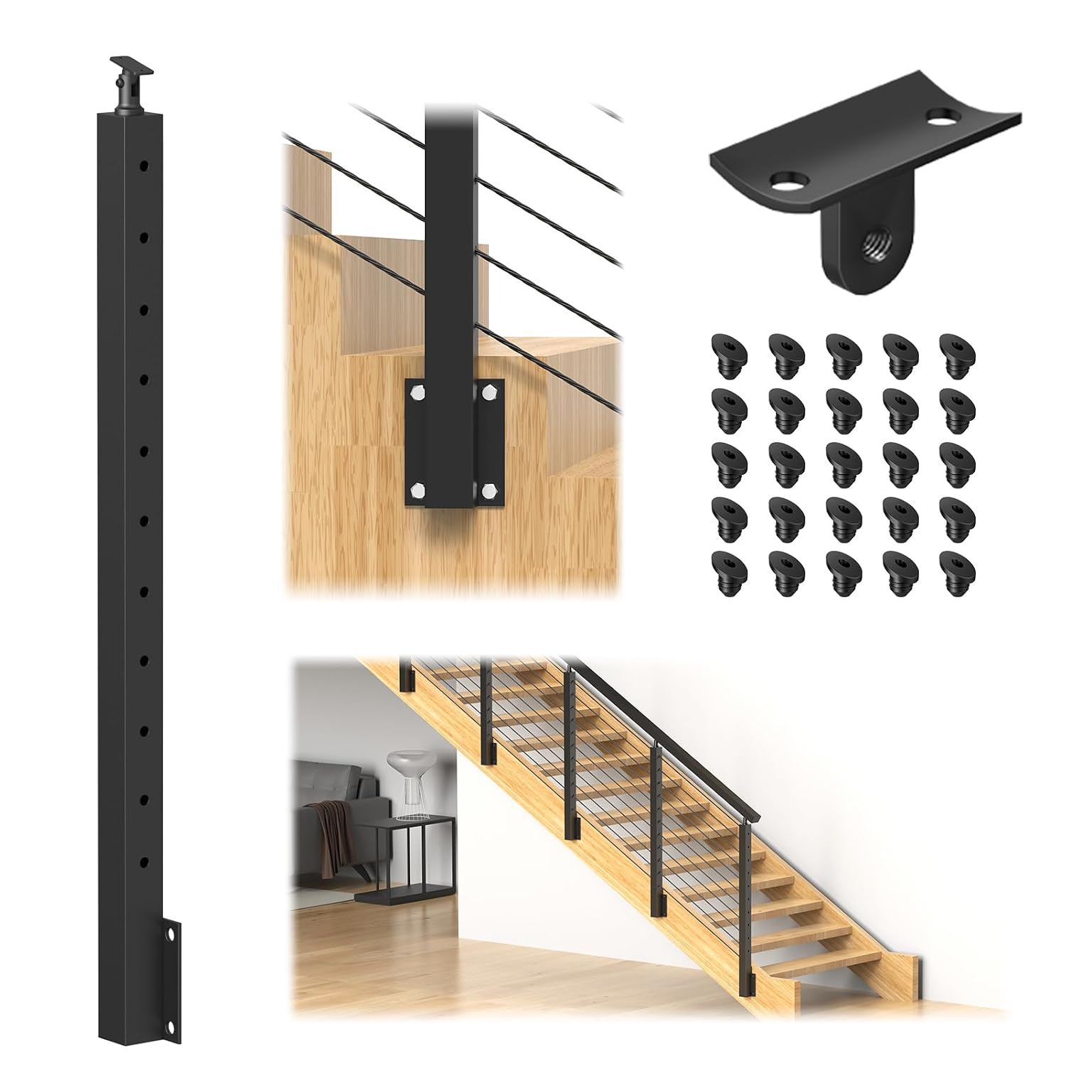 36" Side Mount Stair Railing Post, Stainless Steel Left Side 25-35 Degrees Stair Post