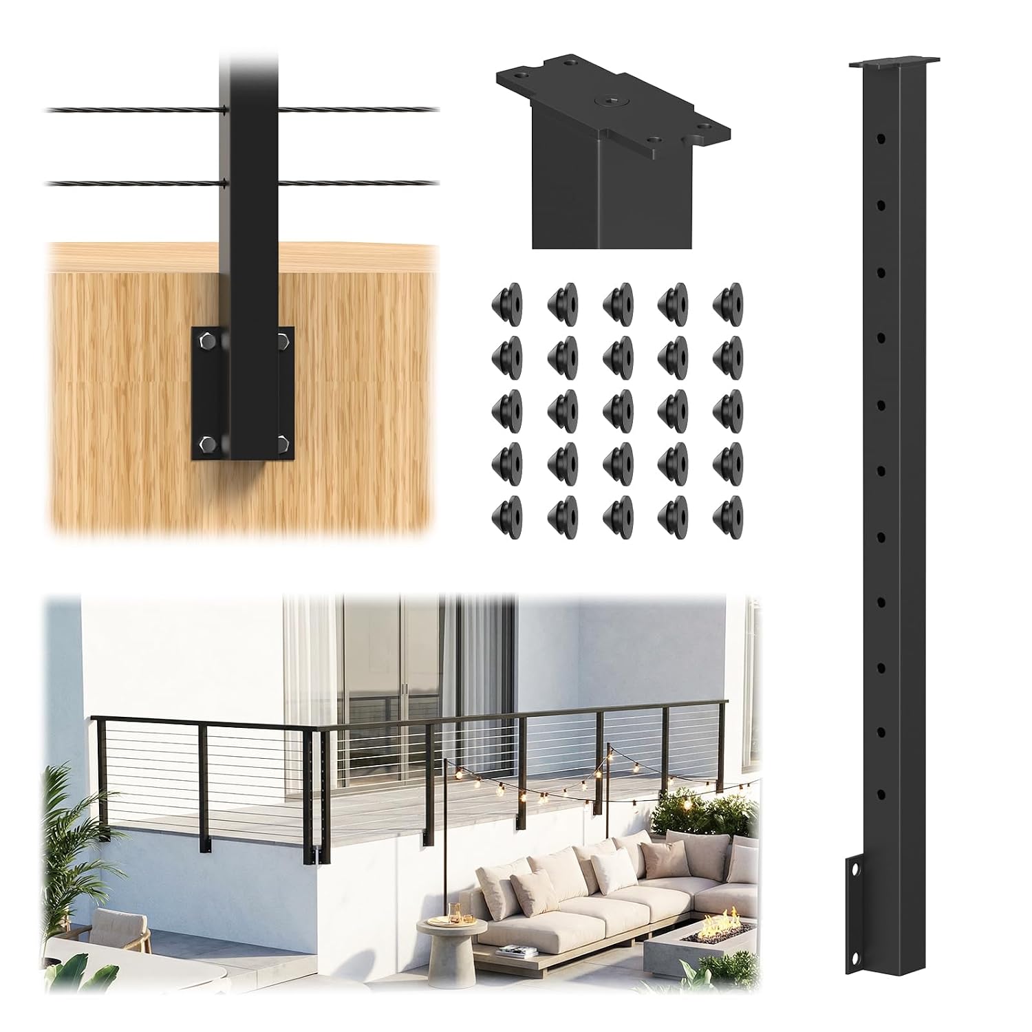Complete Cable Railing System Bundle - 36" Side Mount Post with 10-Pack Cable Railing Terminal Ends