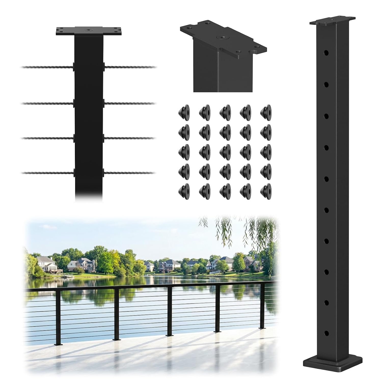 36" Level Drilled Cable Railing Post, Surface Mount Cable Rail Post, Black Cable Railing Kits