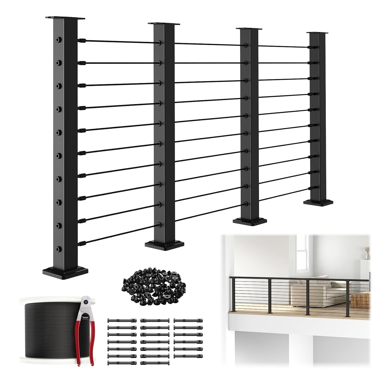 12FT-20FT 36" Cable Railing Post Kits, Flat Top Cable Post System