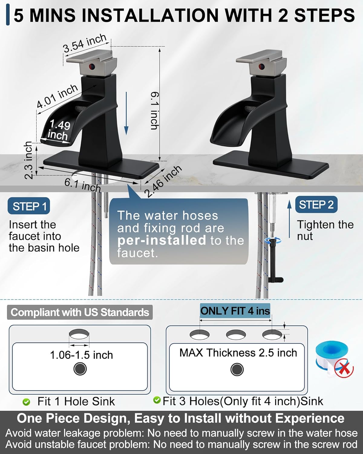 Brass Waterfall Faucet, Nickel and Black Bathroom Faucet, 1 Handle Bathroom Sink Faucets 1 Hole or 3 Hole (4 Inch) with Hoses Drain & Deck Plate