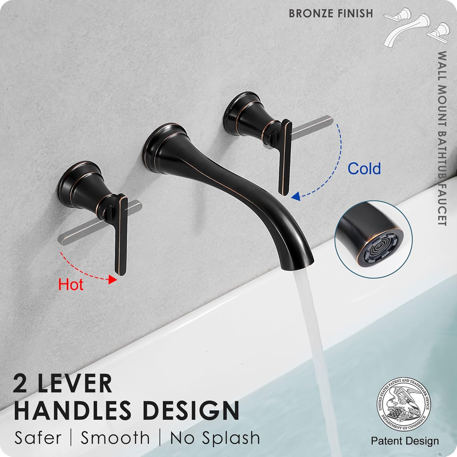 Oil Rubbed Bronze Wall Mount Tub Filler, High Flow Bath Tub Faucet 2 Handles, Brass Bathtub Faucets with 8 Inch Long Spout Reach, Rough-in Valve