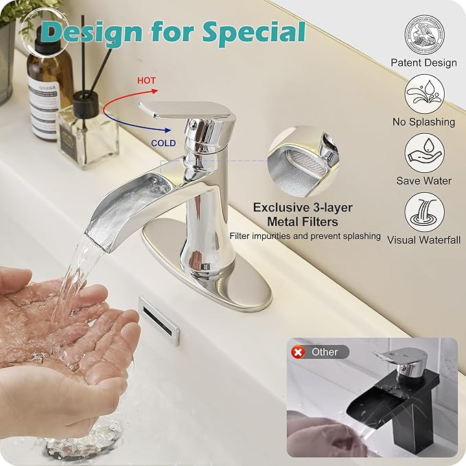 Waterfall Bathroom Sink Faucet Chrome, Brass 4 Inch Bathroom Faucet 3 Hole or 1 Hole, Single Handle Bathroom Faucets with Pop-up Drain & Deck Plate