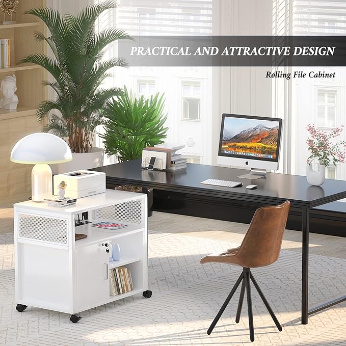 File Cabinet, Rolling Printer Stand with LED Lights, Power Outlets and USB Charging Ports
