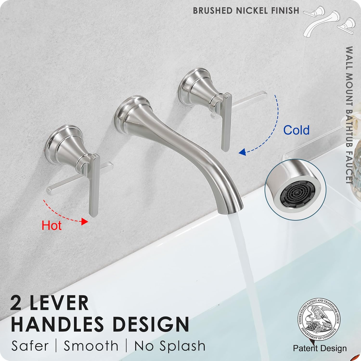 Brass Wall Mount Tub Filler, High Flow 8" Spout Reach Brushed Nickel Bathtub Faucet, 2 Handles Tub Faucets, Rough in Valve Included