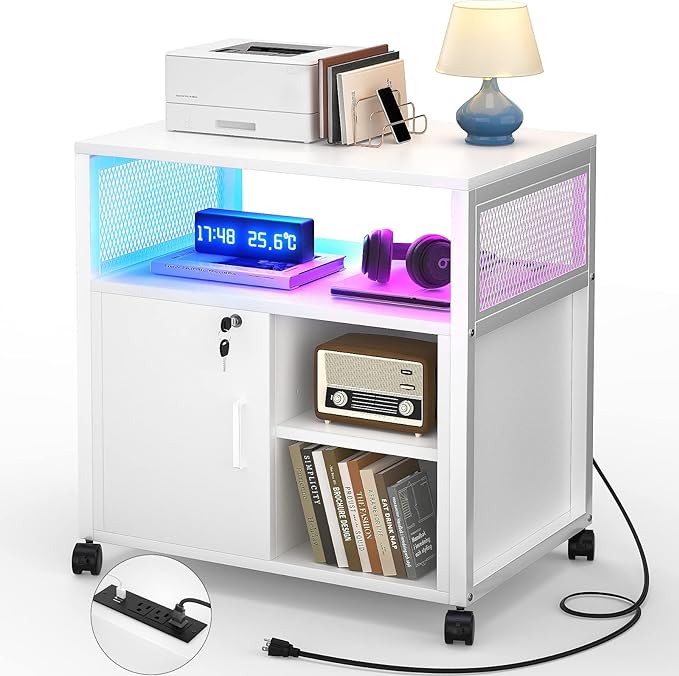 File Cabinet, Rolling Printer Stand with LED Lights, Power Outlets and USB Charging Ports