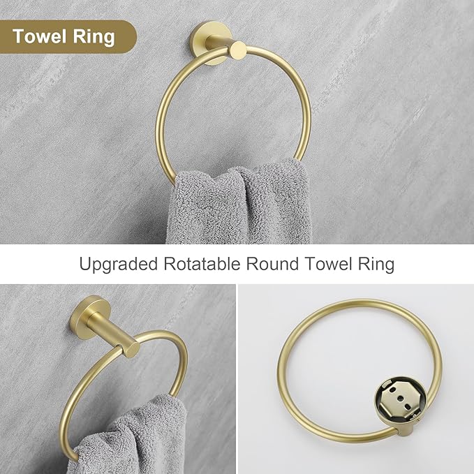 Bathroom Towel Holder Set, 5-Piece Towel Bar Set Brushed Gold Steel Wall Mounted Bathroom Hardware Accessories