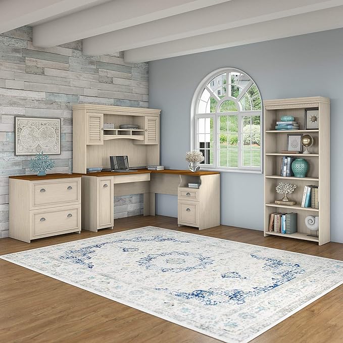 L Shaped Desk with Hutch, Lateral File Cabinet and 5 Shelf Bookcase