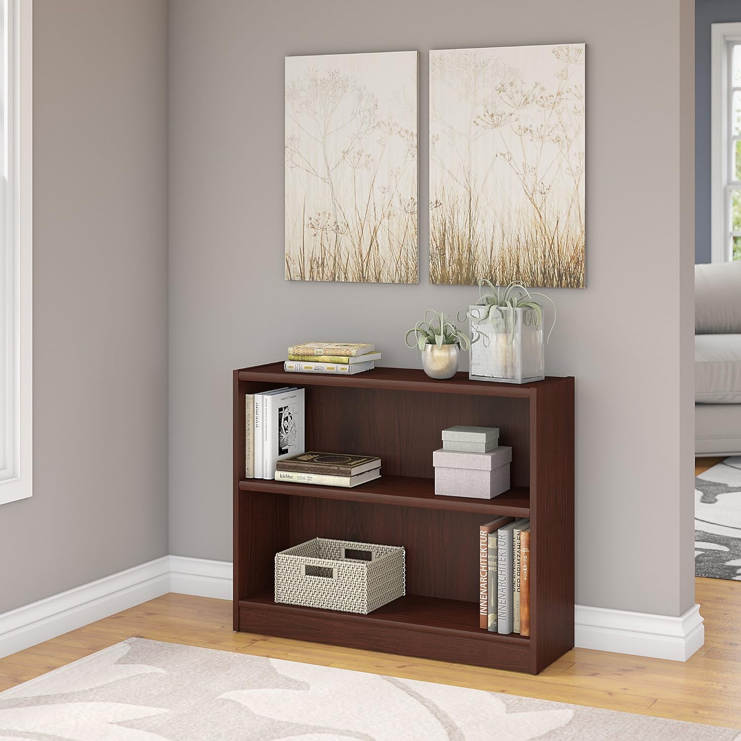 Small 2 Shelf Bookcase in Vogue Cherry, Low Bookshelf for Home Office