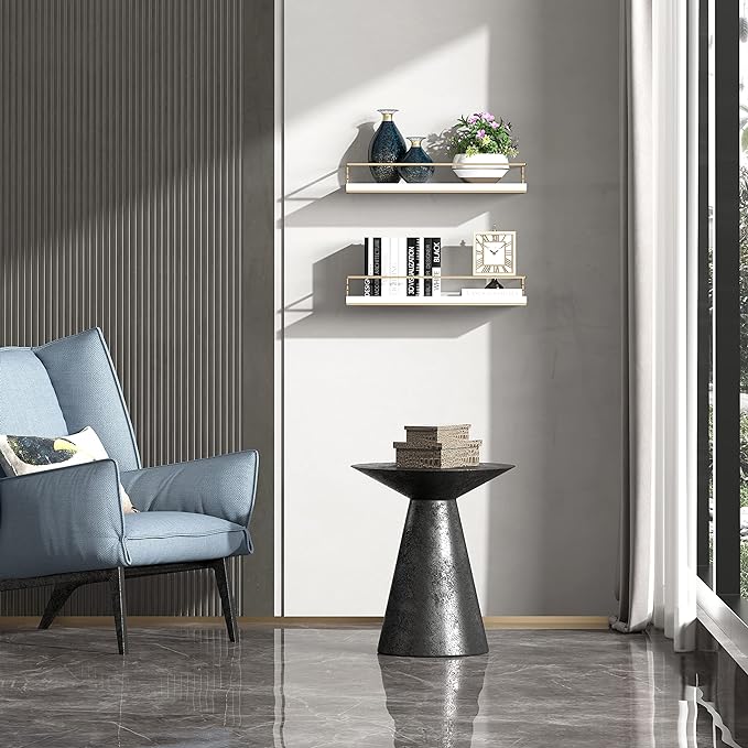 White Floating Shelves - Set of 2, Wall Mounted Hanging Shelves with Golden Towel Rack, Decorative Storage Shelves