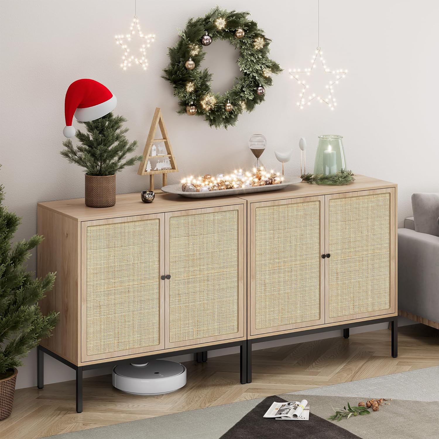 Set of 2 Sideboard with Handmade Natural Rattan Doors