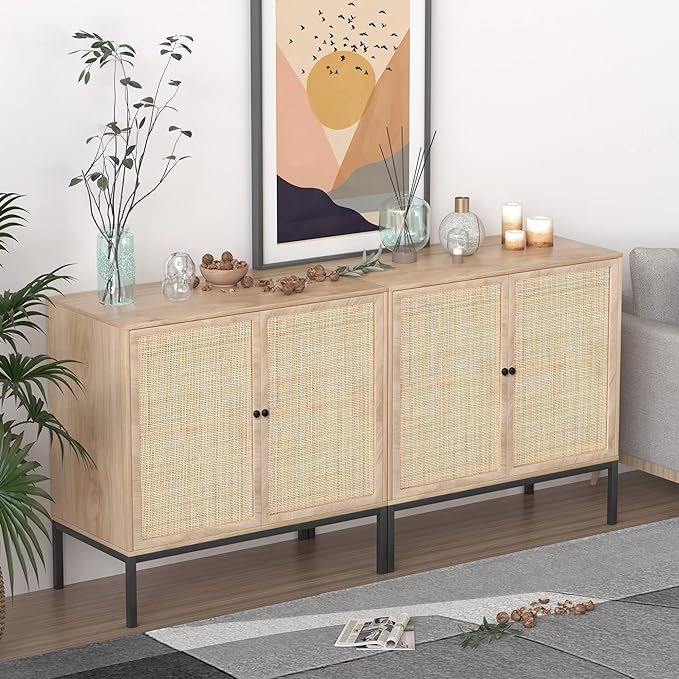 Set of 2 Sideboard with Handmade Natural Rattan Doors