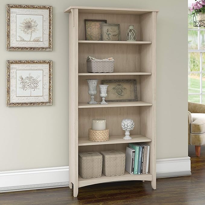 Tall 5 Shelf Bookcase in Antique White Distressed Style Modern Farmhouse Bookshelf