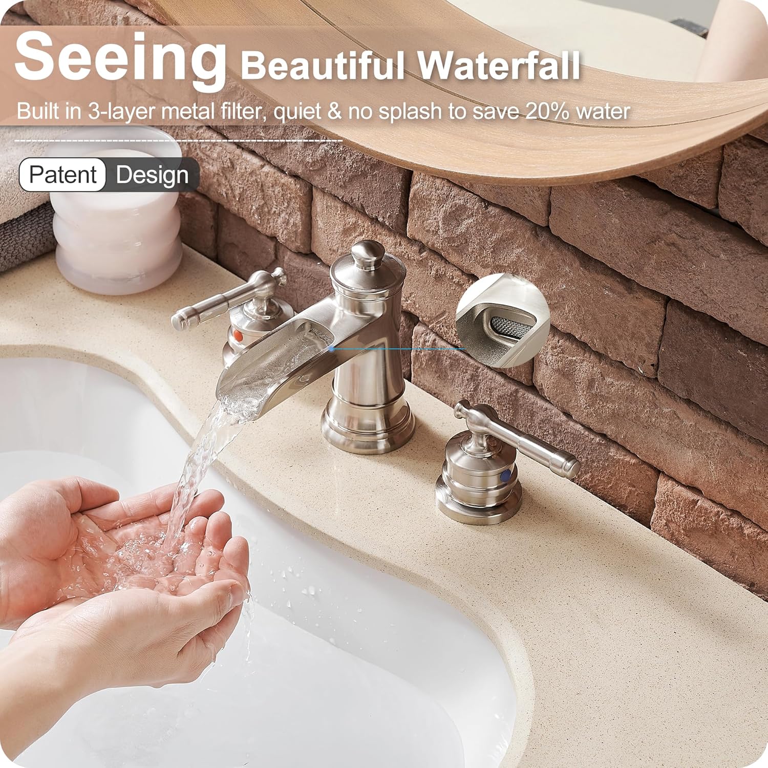 4-16 Inch Widespread Bathroom Faucet Brushed Nickel, Brass Waterfall Faucet for Bathroom Sink, 2 Handles Bath Faucet Bathroom Sink Faucets with Water Hose & Pop-Up Drain Saving Water Modern