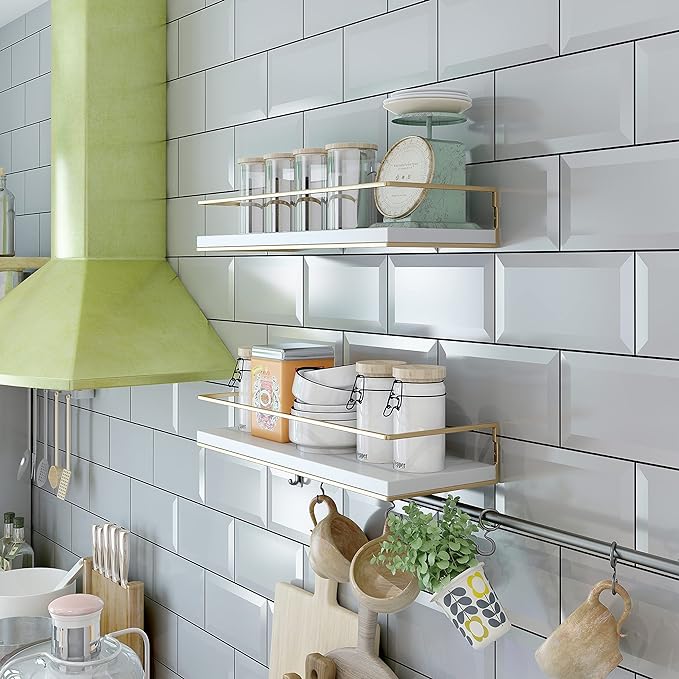 White Floating Shelves - Set of 2, Wall Mounted Hanging Shelves with Golden Towel Rack, Decorative Storage Shelves