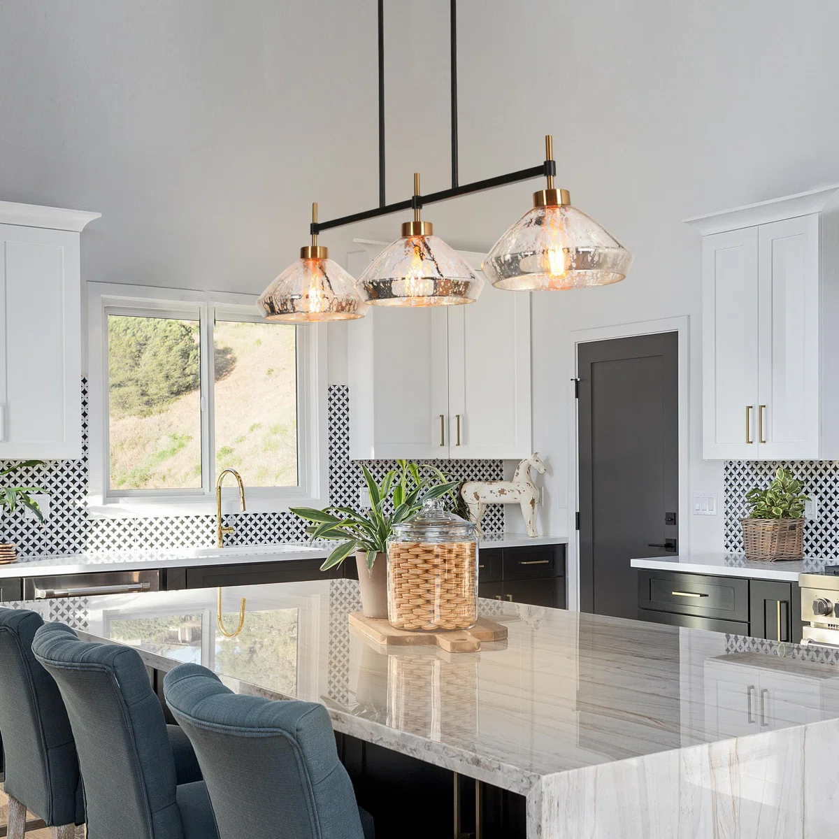  3 - Light Silver Mercury Glass Kitchen Island Linear Pendant