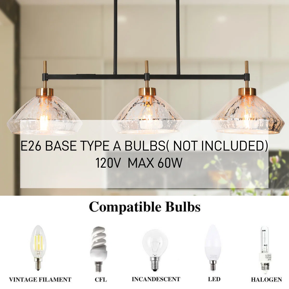  3 - Light Silver Mercury Glass Kitchen Island Linear Pendant