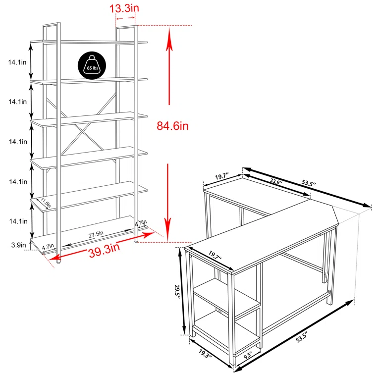 53.5'' Desk with Bookshelf