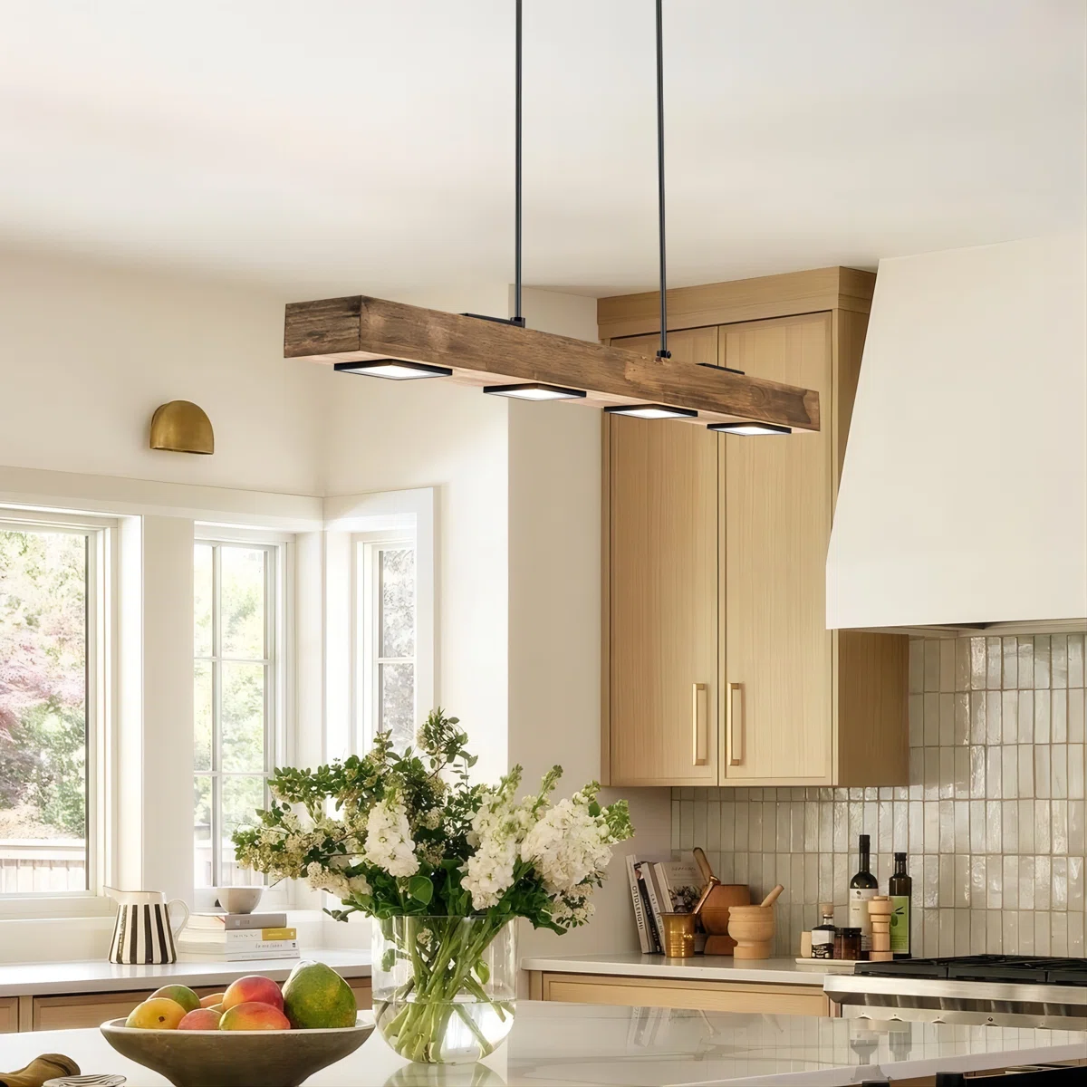  Light Kitchen Island Modern Linear LED Pendant with Wood Accents