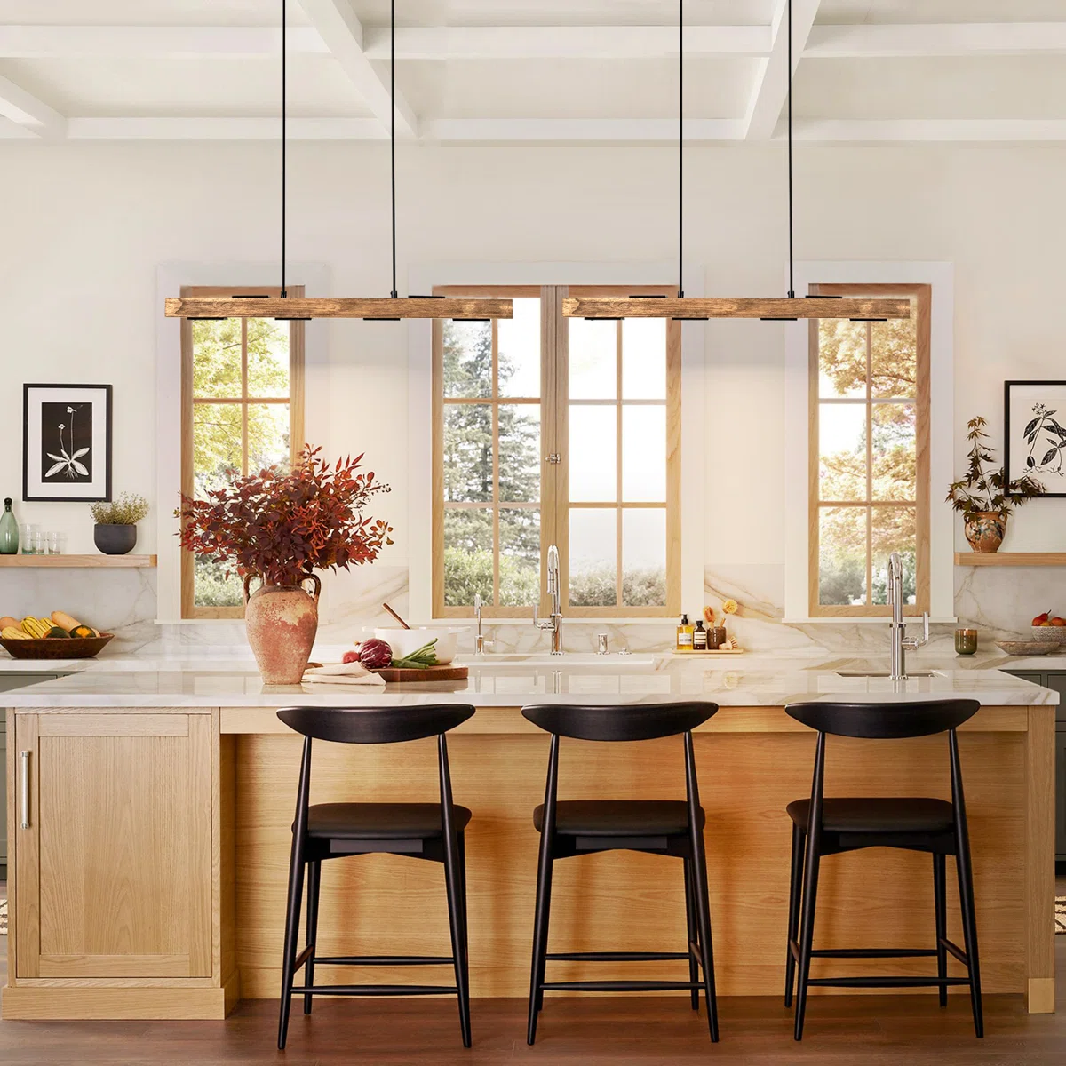  Light Kitchen Island Modern Linear LED Pendant with Wood Accents