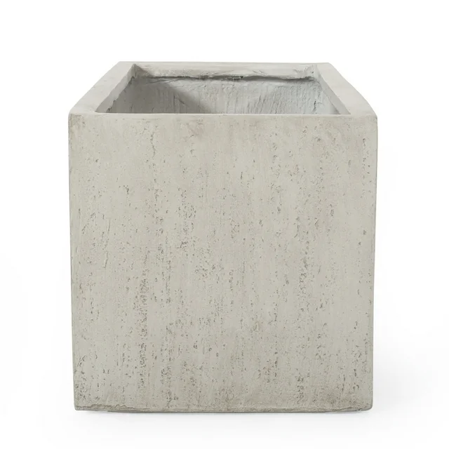 Outdoor Modern Cast Stone Rectangular Planter, White Medium