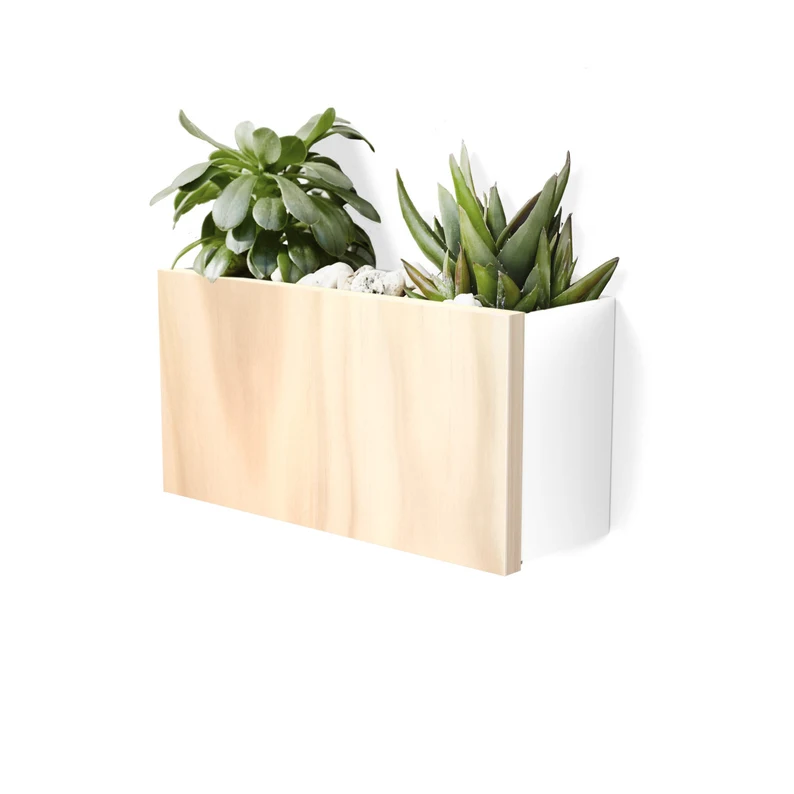 Modern Wall Planter - White Powder Coated Aluminum Body, Stainless Steel Hardware + Timber Front