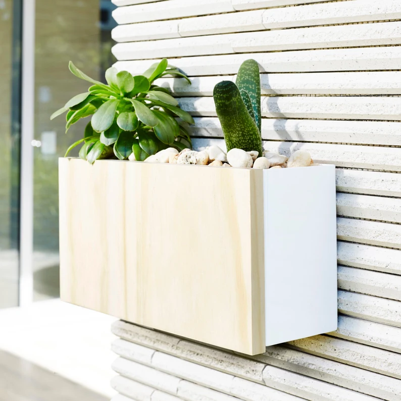 Modern Wall Planter - White Powder Coated Aluminum Body, Stainless Steel Hardware + Timber Front