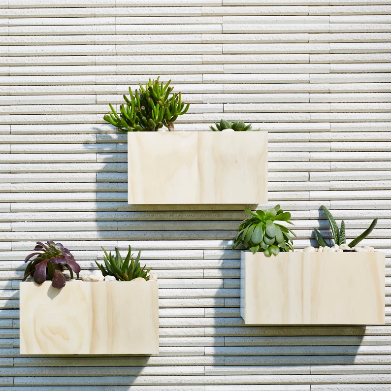 Modern Wall Planter - White Powder Coated Aluminum Body, Stainless Steel Hardware + Timber Front