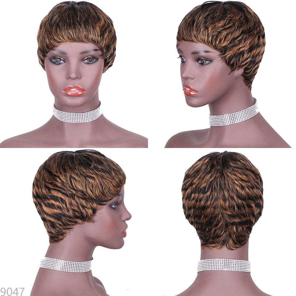 100 Human Hair P1B/27 Short Pixie Cut Wig with Bangs for Women