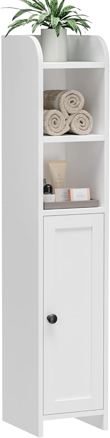 Small Bathroom Storage Corner Floor Cabinet with Door and Shelves, Beside The Toilet Paper Stand, 7.9"D x 7.1"W x 35.4"H