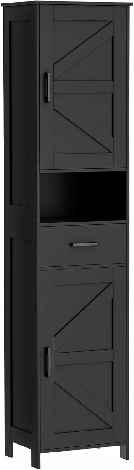 67" H Tall Bathroom Storage Cabinet with 2 Barn Doors and 1 Drawer, Narrow Storage Unit, Adjustable Shelves, 11.8"D x 15.7"W x 66.9"H