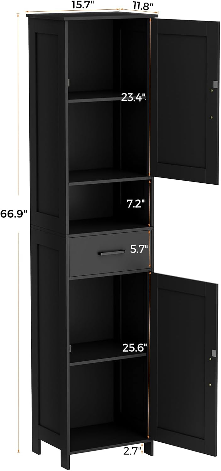 67" H Tall Bathroom Storage Cabinet with 2 Barn Doors and 1 Drawer, Narrow Storage Unit, Adjustable Shelves, 11.8"D x 15.7"W x 66.9"H