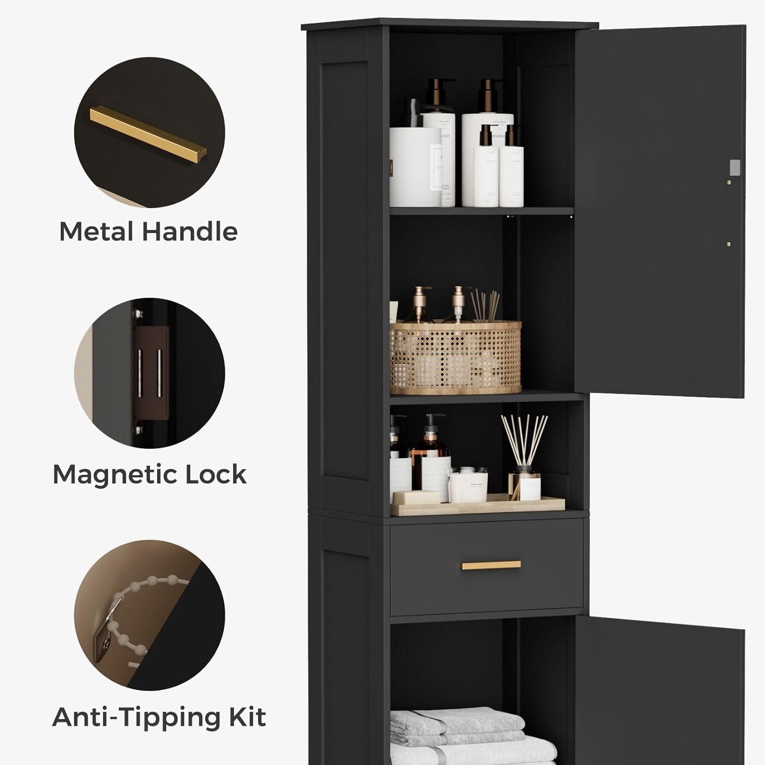 67"H Tall Bathroom Storage Cabinet with Rattan Decorated Door and Drawer, Narrow Storage Unit