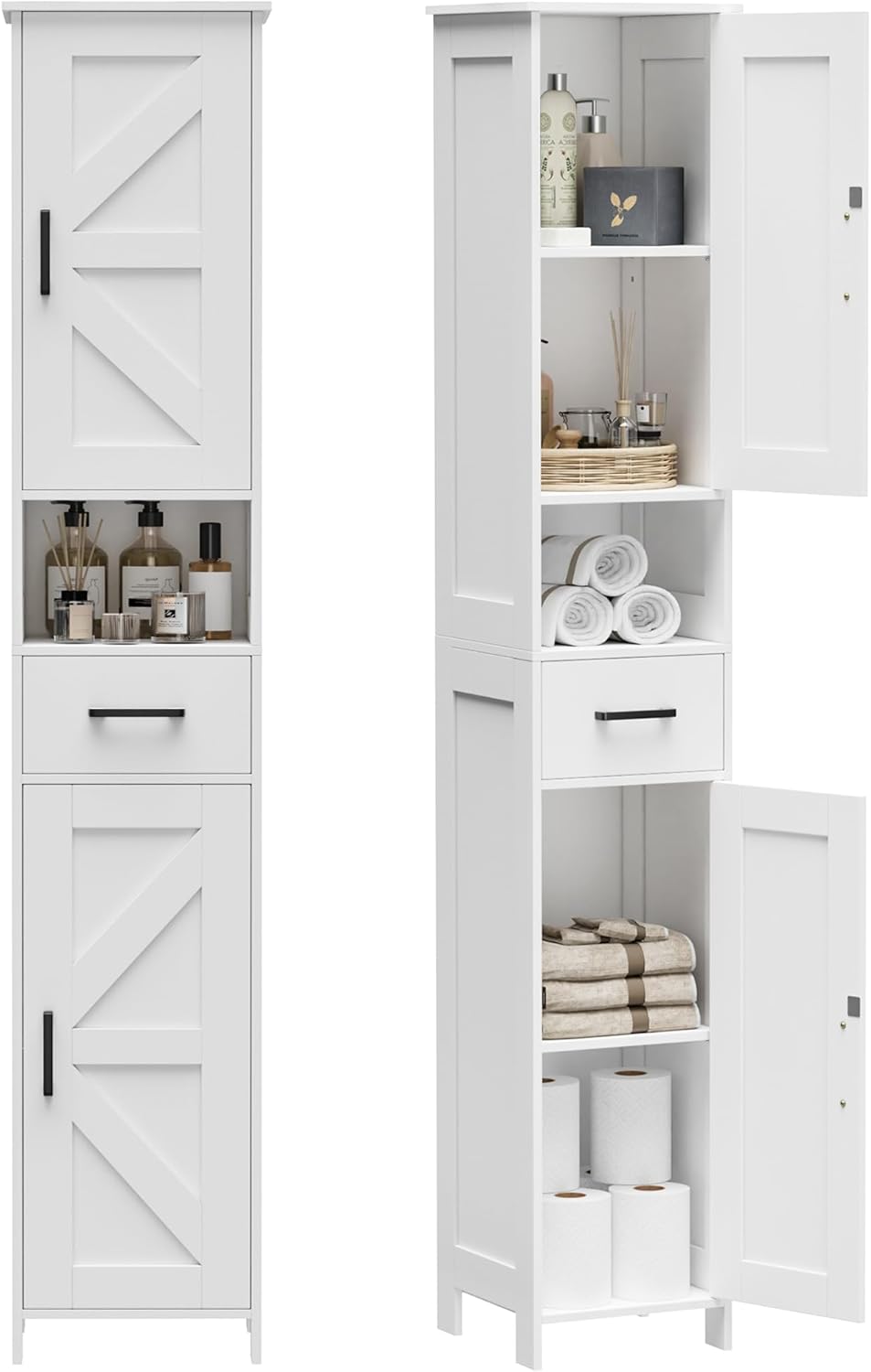 67" H Tall Bathroom Storage Cabinet with 2 Barn Doors and 1 Drawer, Narrow Storage Unit