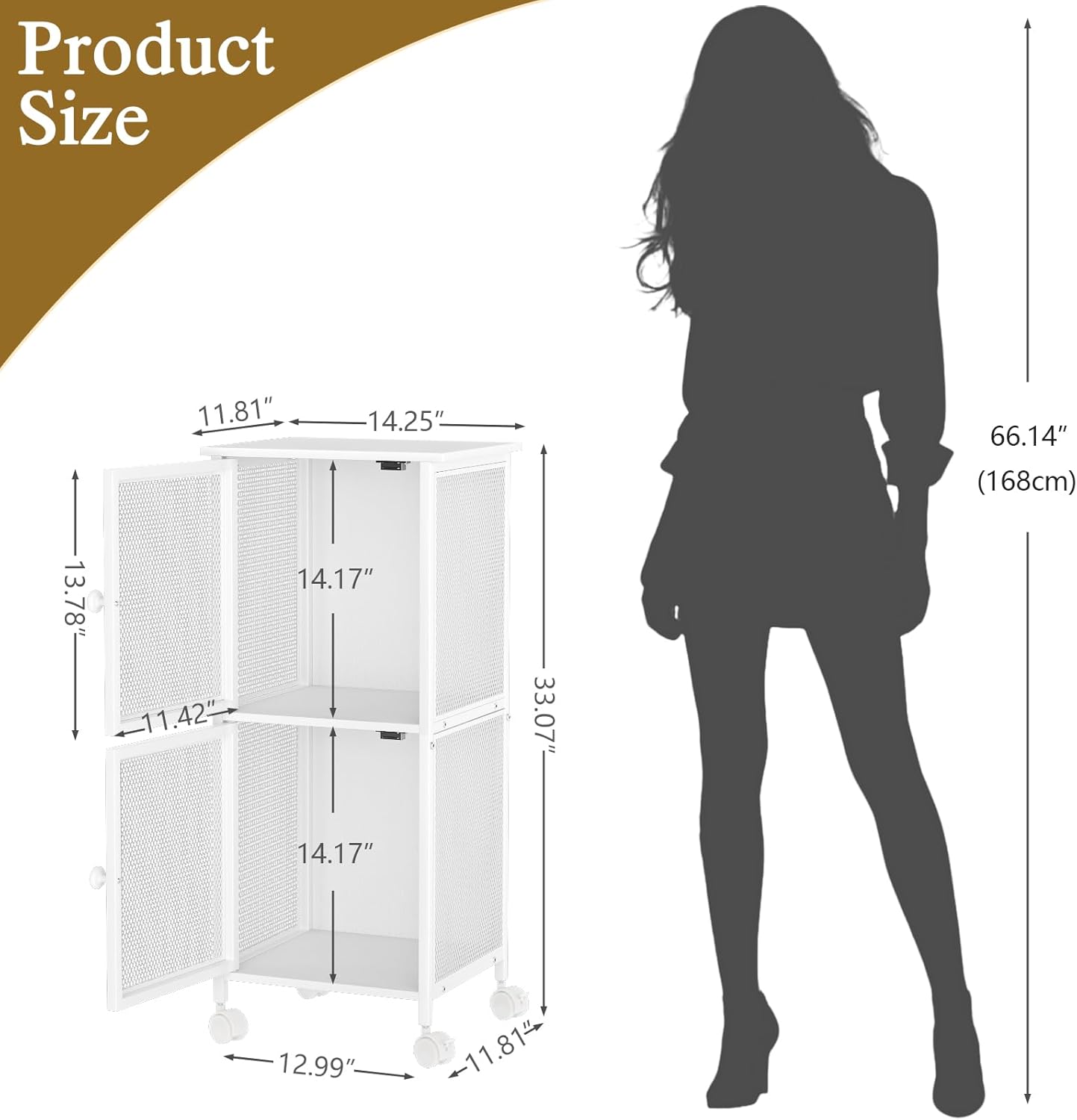 Wooden Bathroom Standing Shelf with 2 Metal Doors, Slim Bathroom Storage Cart for Small Spaces