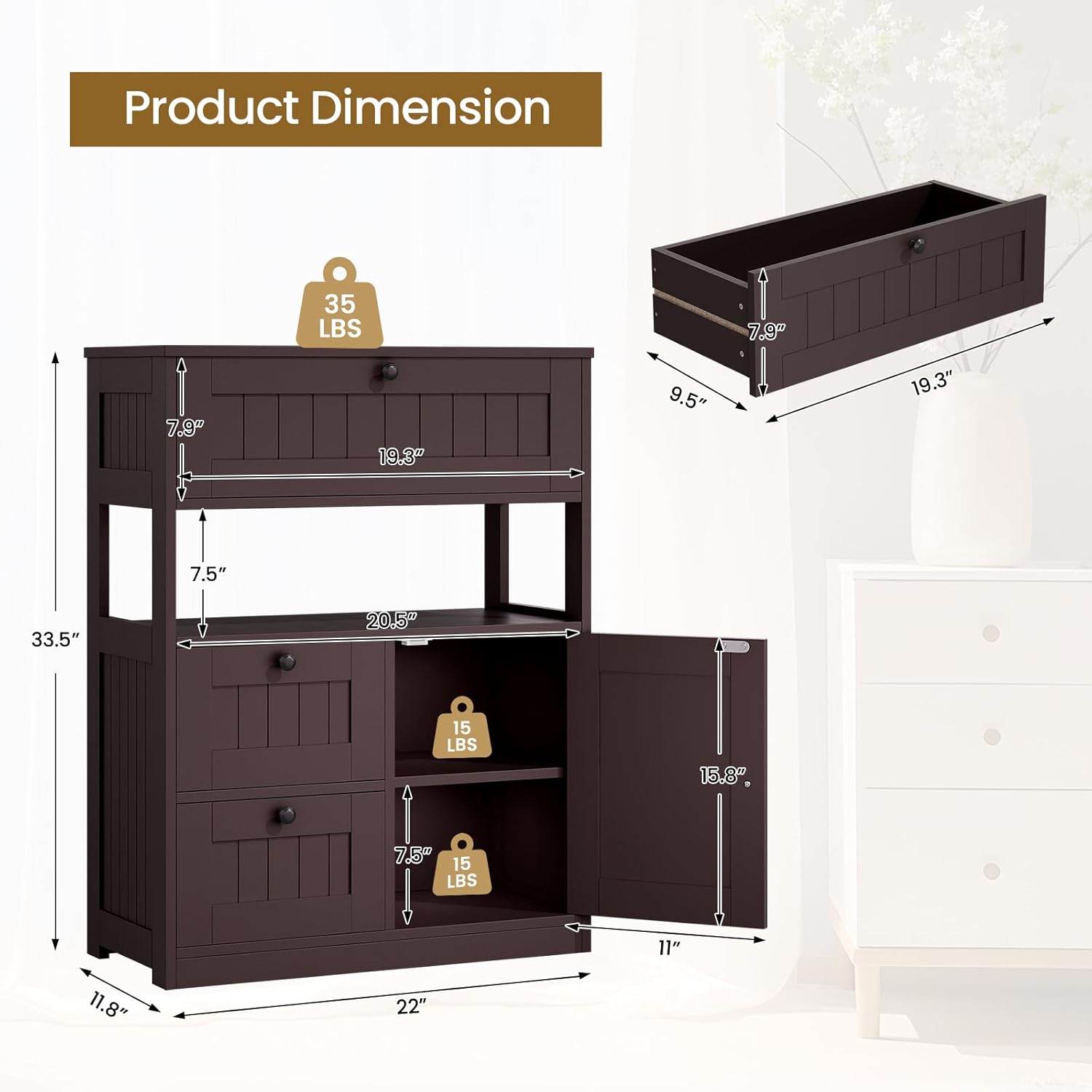 Bathroom Cabinet, Modern Bathroom Floor Storage Cabinet Organizer with 1 Door and 3 Drawers