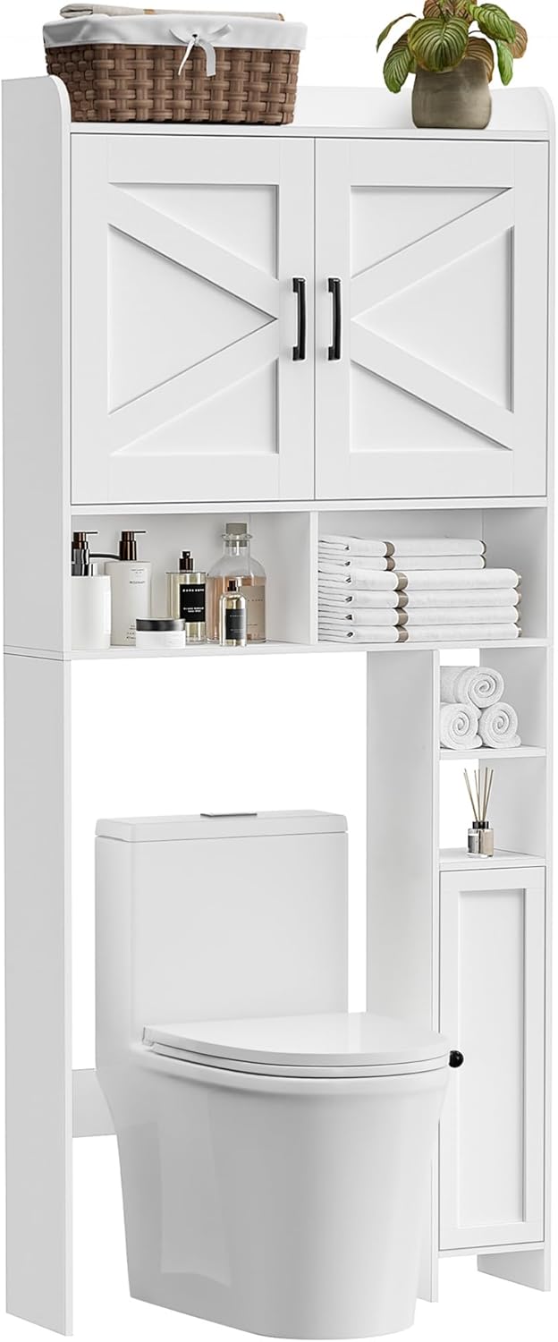 Over The Toilet Storage Cabinet with 2 Barn Door and Toilet Paper Holder Stand, FreeStanding Toilet Shelf Space Saver