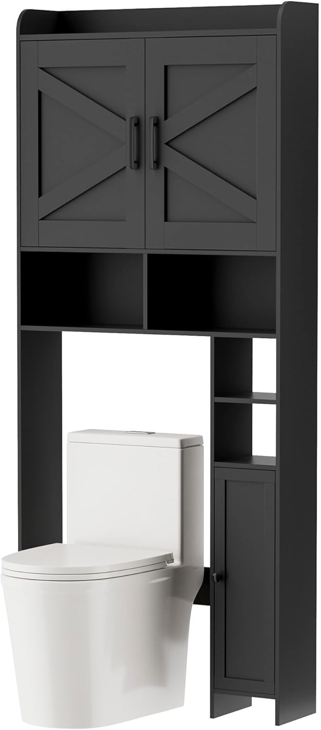 Over The Toilet Storage Cabinet with 2 Barn Door and Toilet Paper Holder Stand, 7.8"D x 30.7"W x 65.4"H